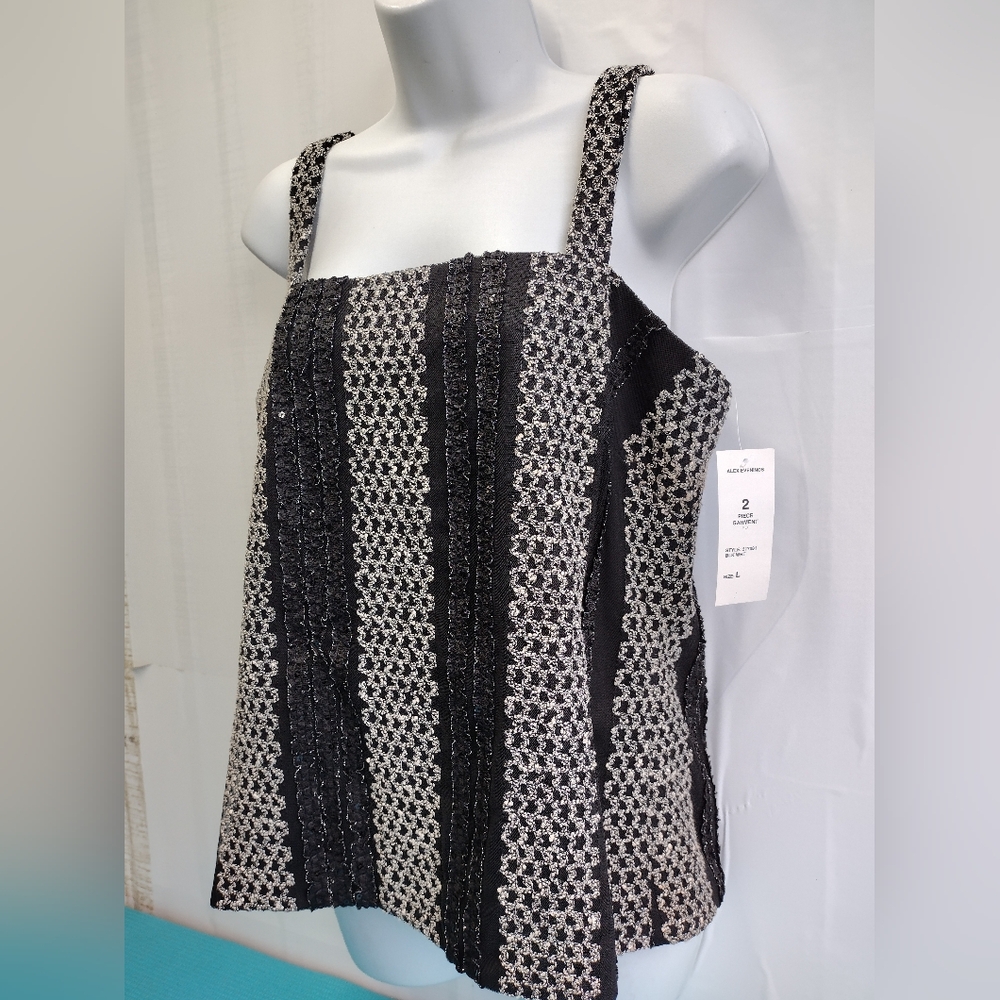 NWT Alex Evenings Embroidery Striped W/ Sequins Stretch Lace Lined Cami Top L
